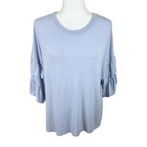Gilli Shirt Women Small Blue Ruffled Short Sleeve Round Neck Solid Casual Top